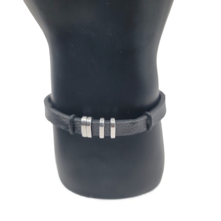 Bracelet Homme Minimaliste – Cuir Noir & Triple Anneaux Argent | Style Moderne