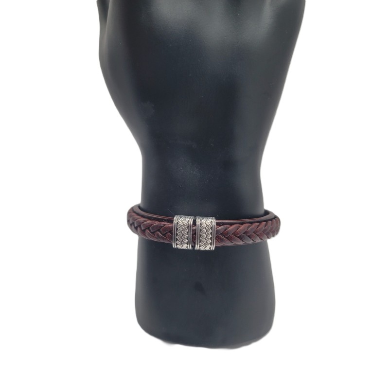 Brown Braided Men’s Bracelet – Engraved Silver Rings | Vintage Masculine Style