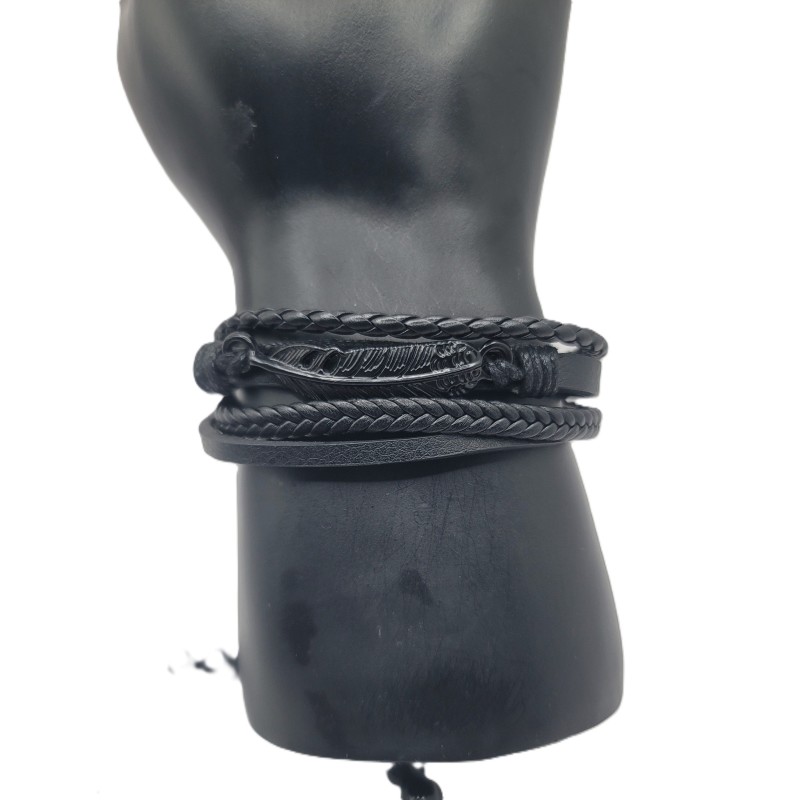 Bracelet Homme Noir Multi-Rangs – Plume Argentée | Style Bohème Masculin