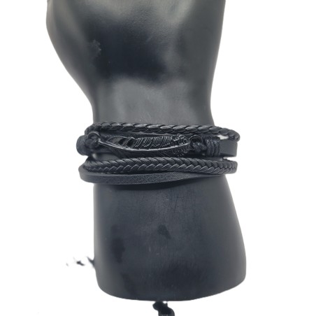 Bracelet Homme Noir Multi-Rangs – Plume Argentée | Style Bohème Masculin