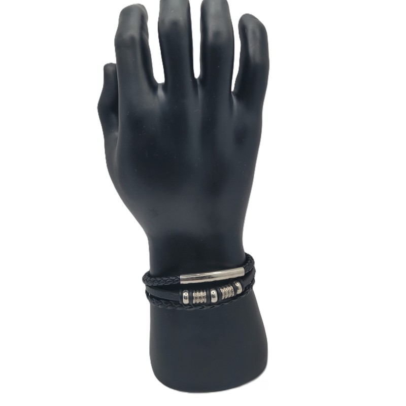Bracelet Homme Cuir Noir Multi-Lanières – Barrette Argentée | Style Moderne & Tendance