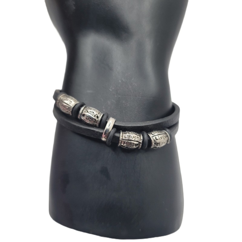 Bracelet Homme Gravé – Live Love Laugh | Cuir Noir & Perles Métalliques