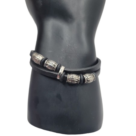 Bracelet Homme Gravé – Live Love Laugh | Cuir Noir & Perles Métalliques