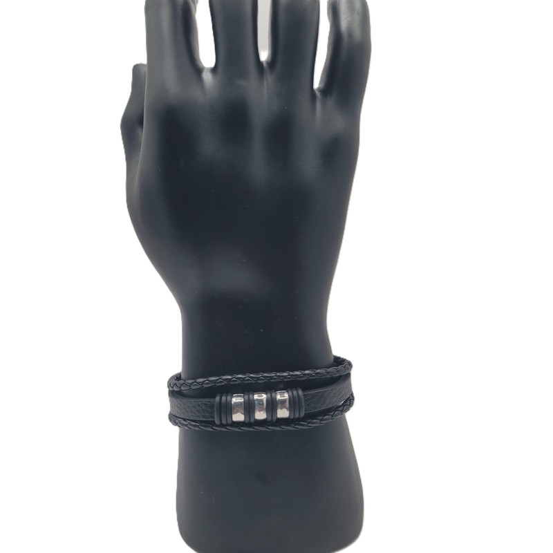 Bracelet Homme Cuir Noir – Perle Sculptée Argentée | Style Ethnique Chic