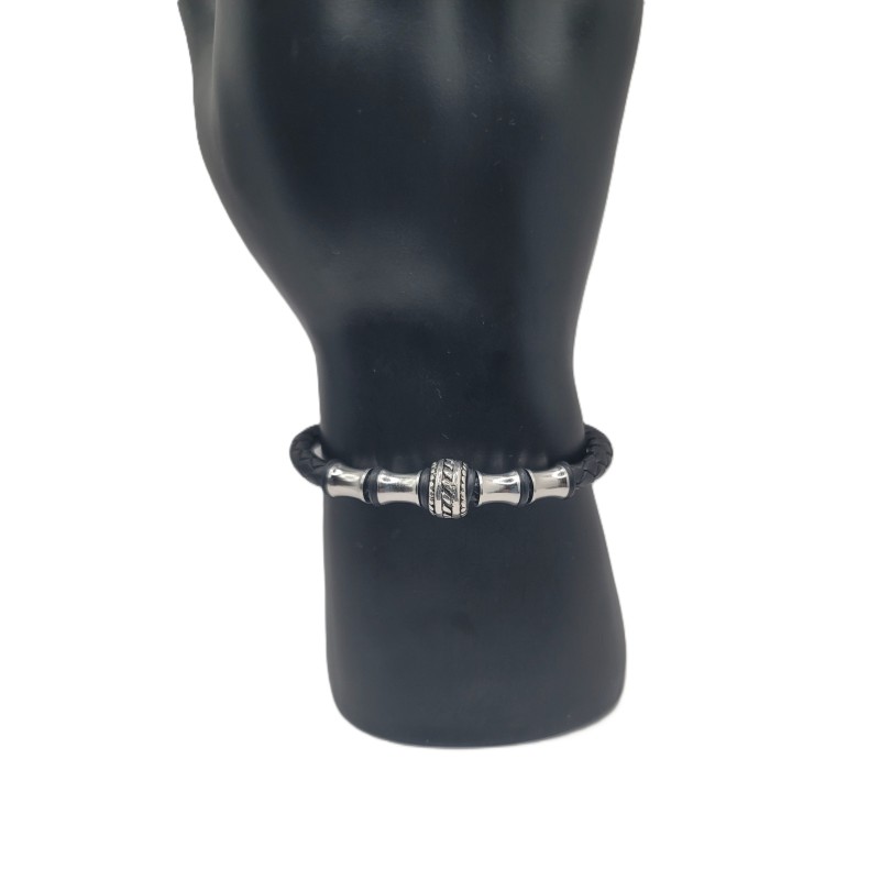 Bracelet Homme Cuir Noir – Métal Croisé | Style Moderne & Original