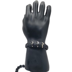 Bracelet Homme Cuir Noir – Anneaux Acier Gravés | Style Raffiné & Moderne