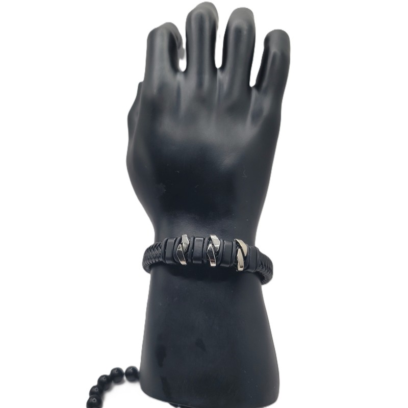 Bracelet Homme Cuir Noir – Anneaux Acier Gravés | Style Raffiné & Moderne