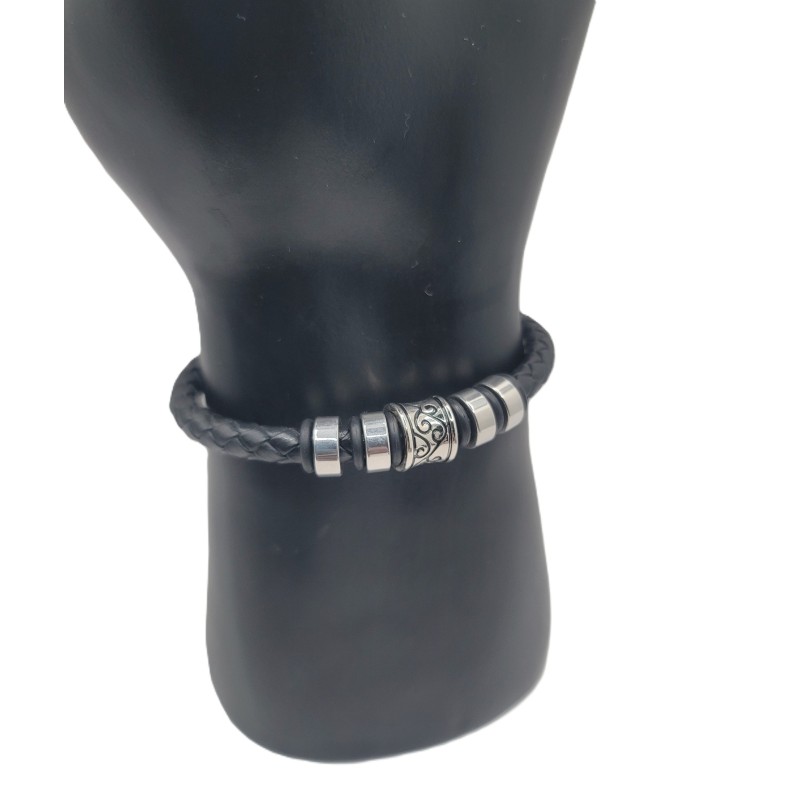 Bracelet Homme Multi-Lanières Noir – Anneaux Argentés | Style Moderne & Élégant