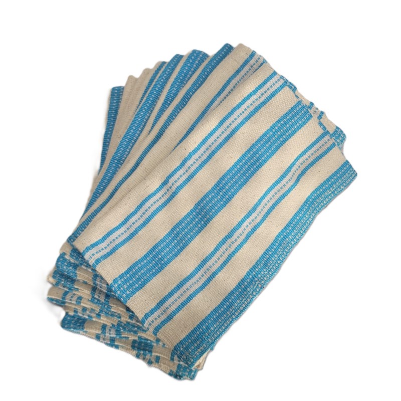 Serviette de table artisanale écru et bleu turquoise | L’Atelier D’Assi