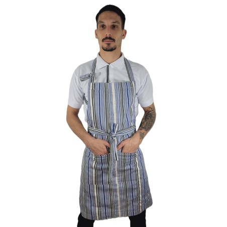 Tablier artisanal bleu et écru en coton tissé | L’Atelier D’Assi