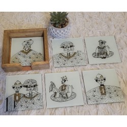 Set of 6 Senegal black-and-white Coasters Ø 10.5 cm – Glass & Wood