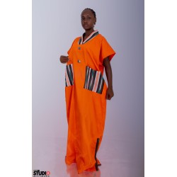 Robe longue orange artisanale – Tissu africain élégant | L’Atelier D’Assi