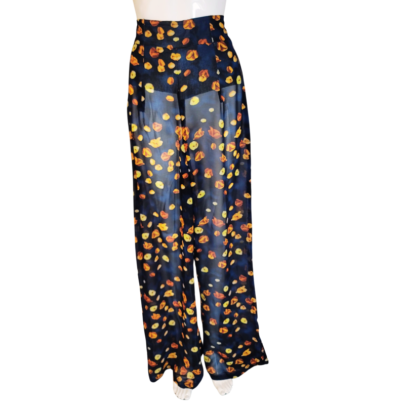 Navy Blue Petal-Print Wide-Leg Pants – Semi-Sheer & Flowy | Atelier D’Assi