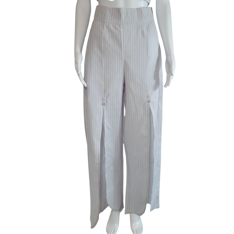 Pantalon Blanc à Rayures - Coupe Large, Fentes Devant & Fermeture La