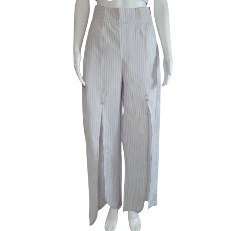 Pantalon Blanc à Rayures - Coupe Large, Fentes Devant & Fermeture La
