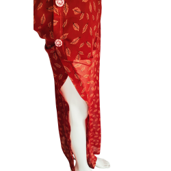 Red Feather-Print Wide-Leg Pants – Side Slit & Buttons | Atelier D’Assi