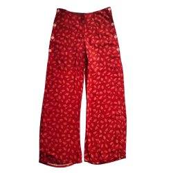 Red Feather-Print Wide-Leg Pants – Side Slit & Buttons | Atelier D’Assi