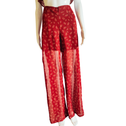 Red Feather-Print Wide-Leg Pants – Side Slit & Buttons | Atelier D’Assi