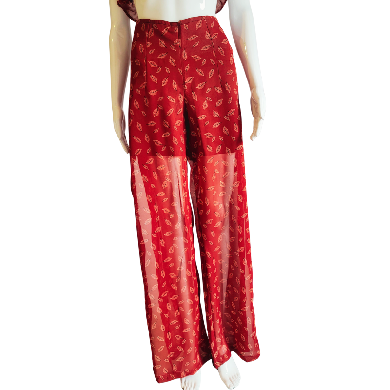 Red Feather-Print Wide-Leg Pants – Side Slit & Buttons | Atelier D’Assi