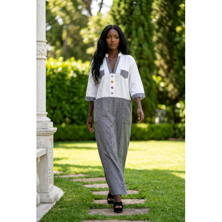 Robe longue rayée blanche et grise – Chemise fluide artisanale | L’Atelier D’Assi