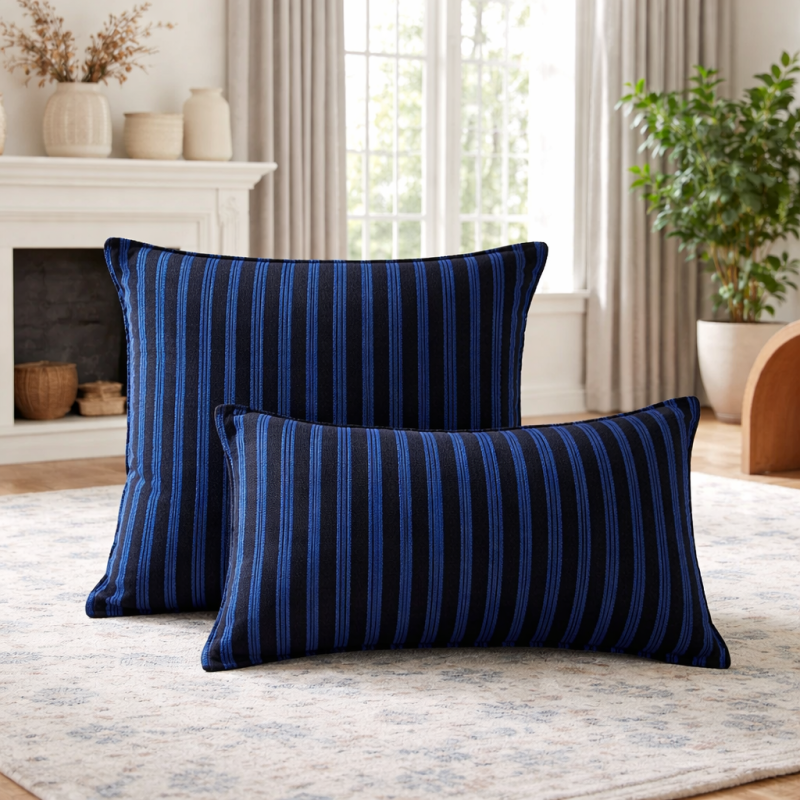 Taie d’oreiller artisanale Bleu Royal & Noir – Coton tissé de Guinée