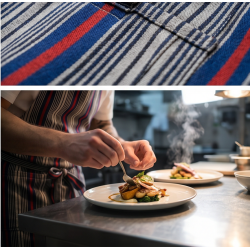 Tablier artisanal écru rouge et bleu | L’Atelier D’Assi