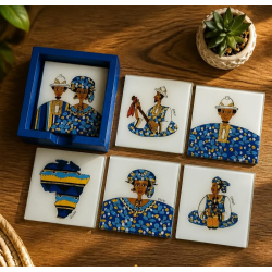Set of 6 Handmade Senegal Coasters – Deep Blue Edition