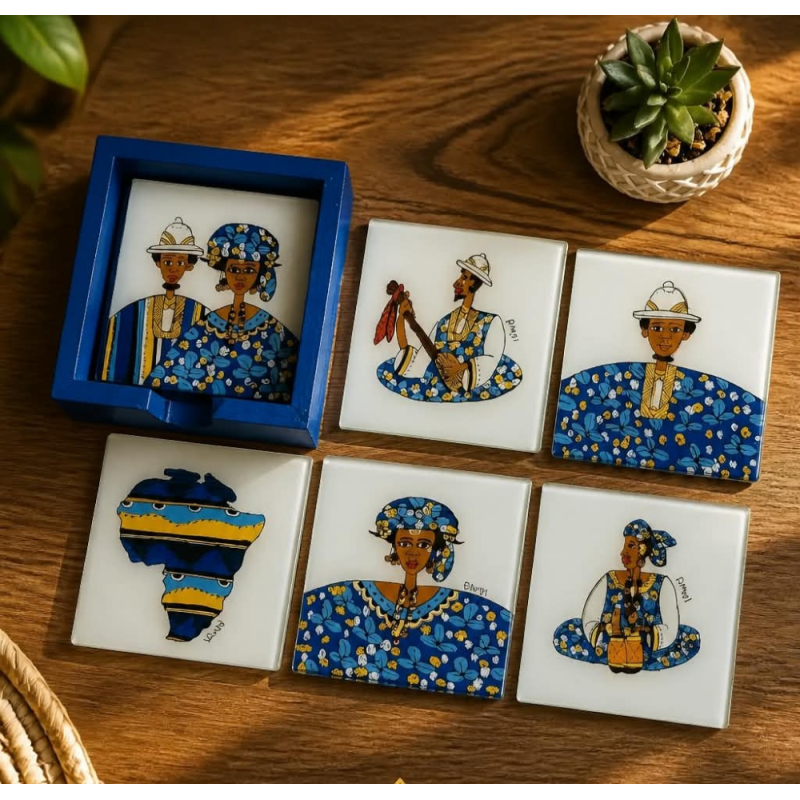 Set of 6 Handmade Senegal Coasters – Deep Blue Edition