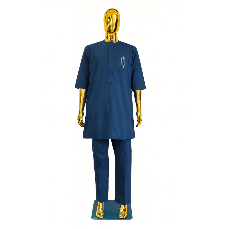 Tenue Macky Sall Bleue à Manches Courtes avec Broderie | L’Atelier D