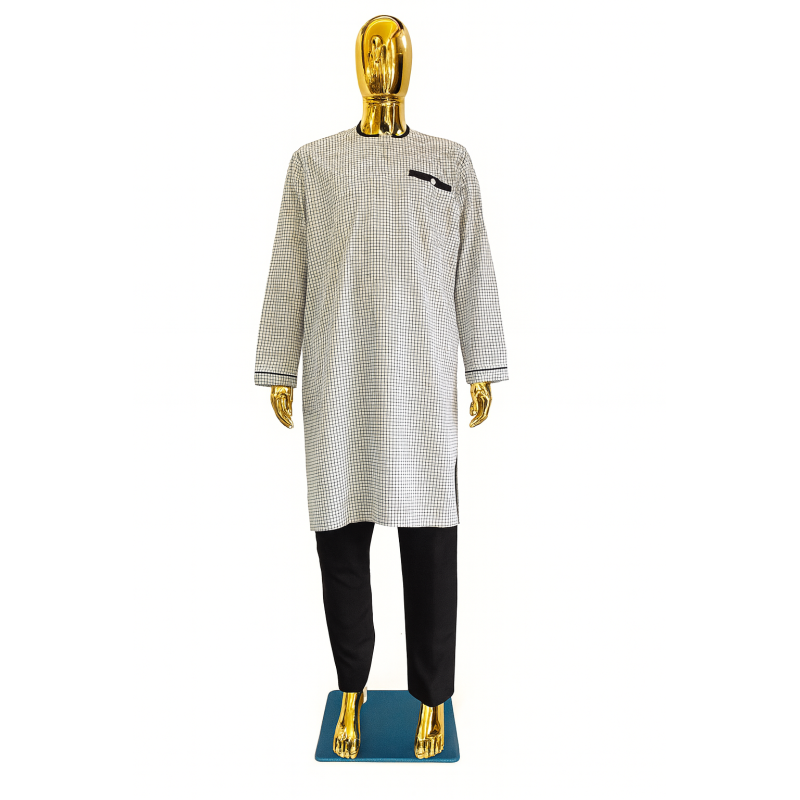 Tunique à Carreaux Fins avec Détails Noirs | Mode Africaine Élégante