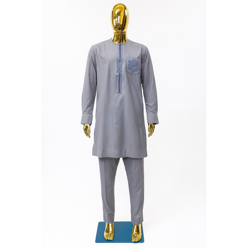 Tenue Macky Sall Gris Rayé Brodé | L’Atelier D’Assi